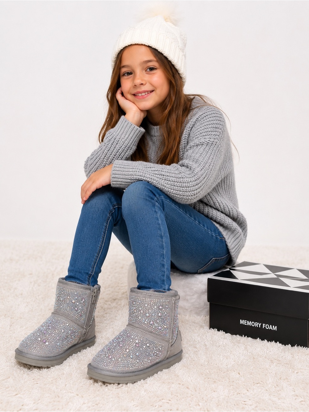 Girls Kids Size 11 Gray Rhinestone Sparkle Star Winter Boots Side Zip New in Box